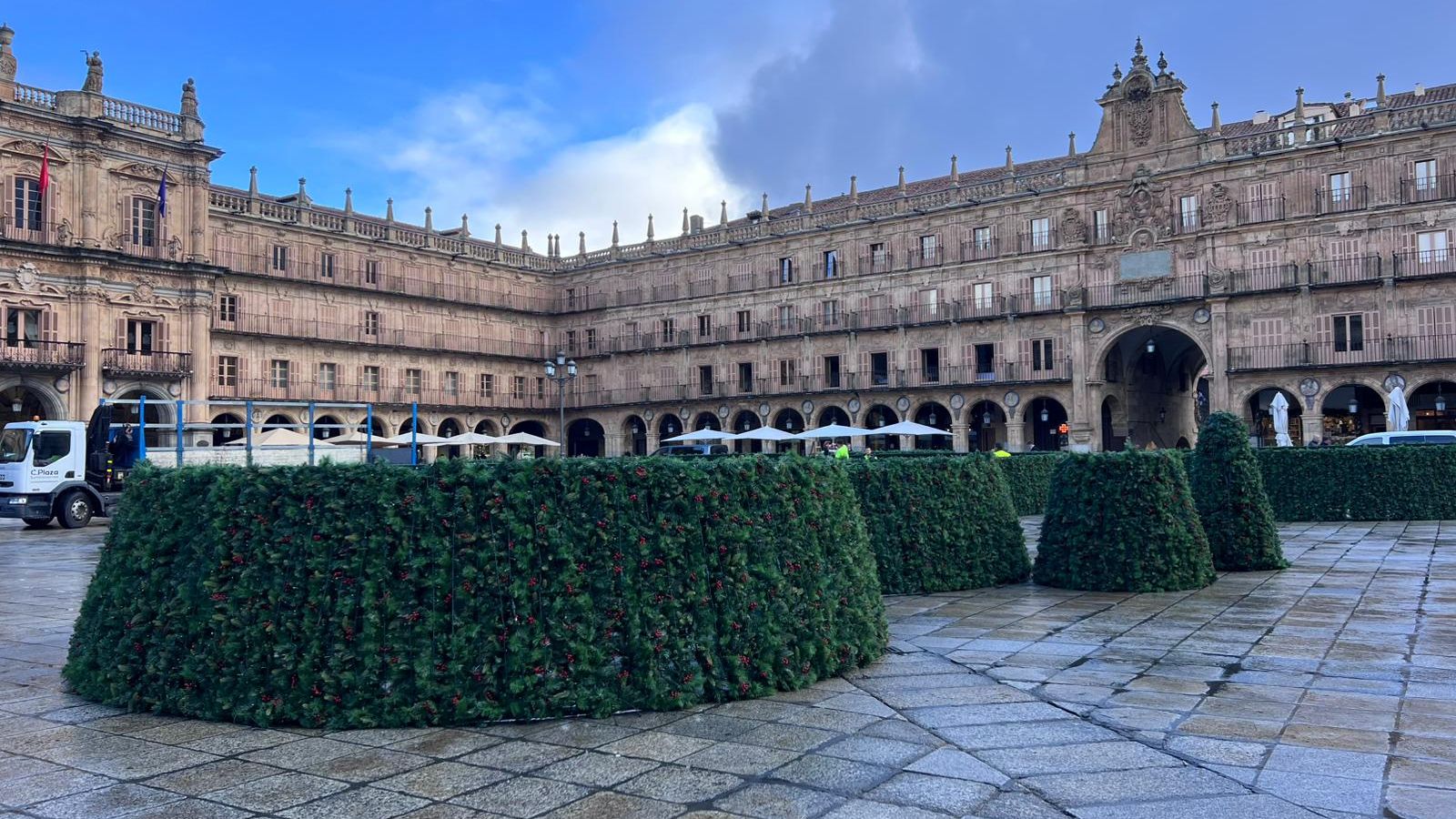 Montaje del árbol de 23 metros en la Plaza Mayor de Salamanca por Navidad