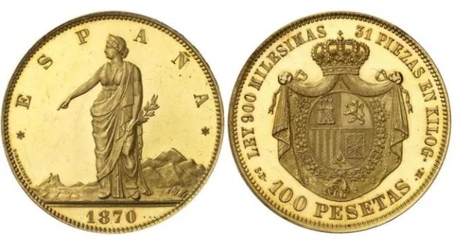 Moneda de 100 pesetas de 1870. Foto de numisbids