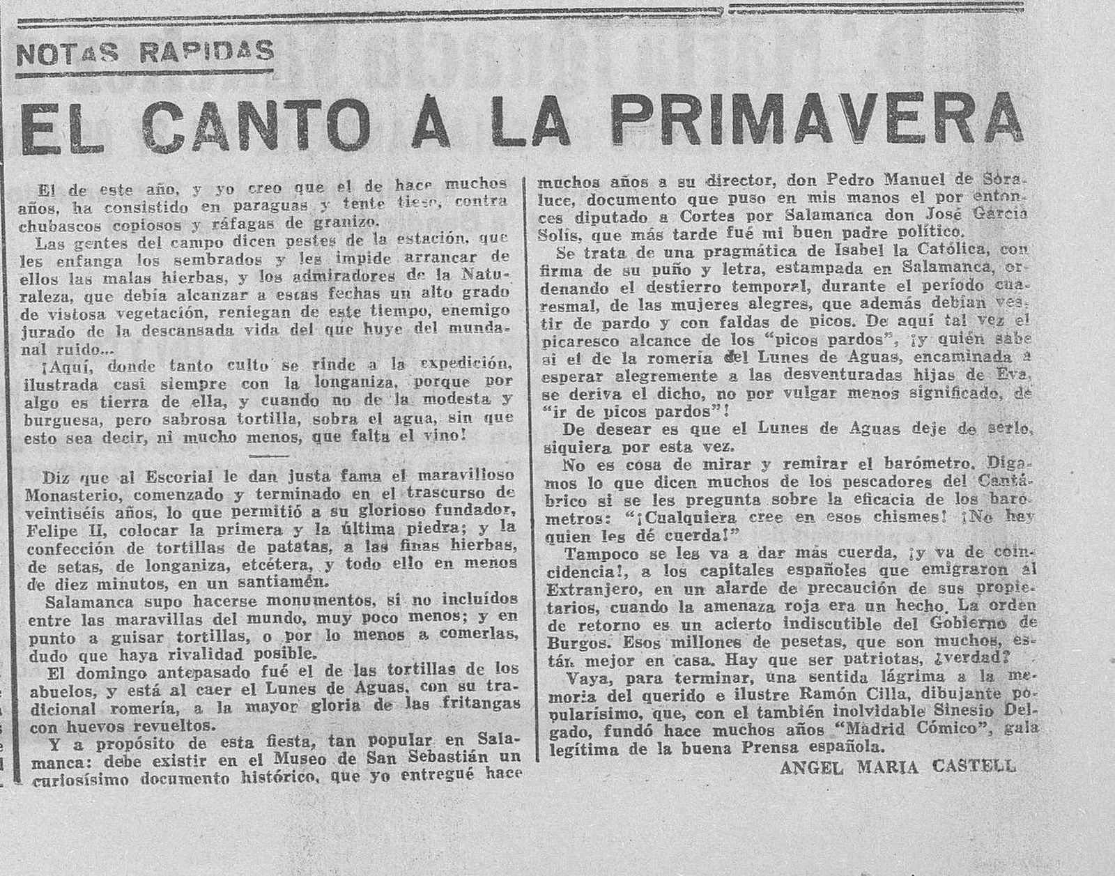 Canto a la primavera de Angel M. Castell publicado en El Adelanto en marzo de 1937