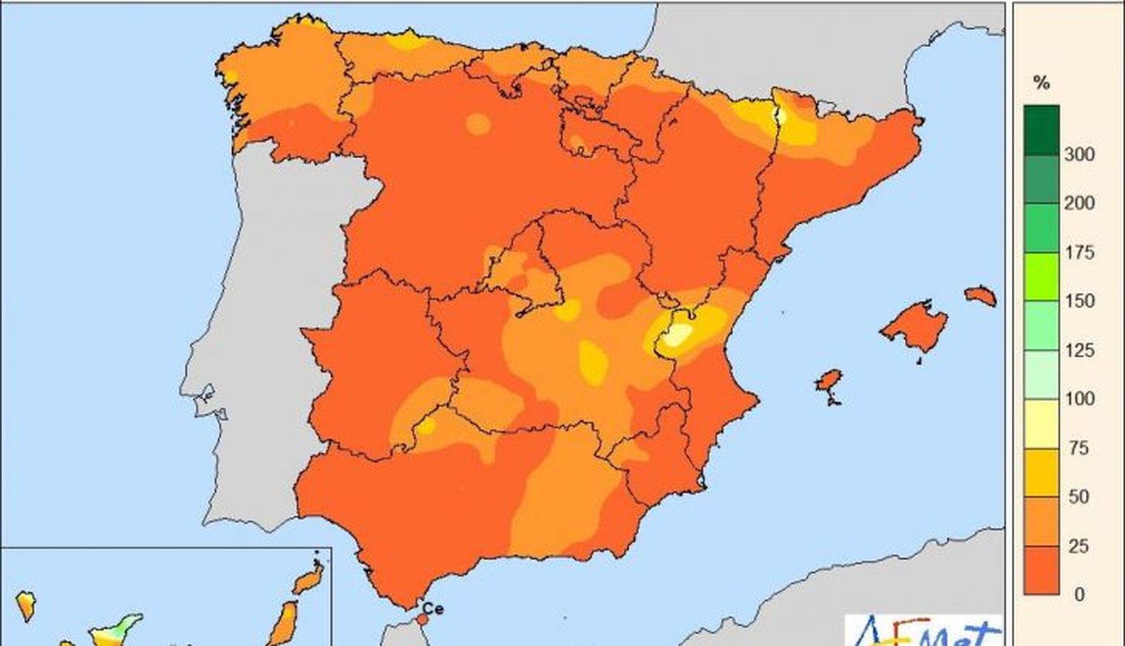 Porcentaje de la precipitación acumulada en febrero de 2022 respecto de la media 1981-2021