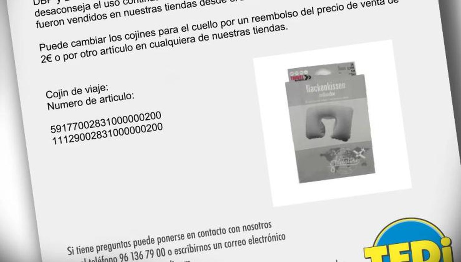 Cojines de viaje vendidos en Tedi, retirados por altos niveles de sustancias tóxicas. Foto @FACUA