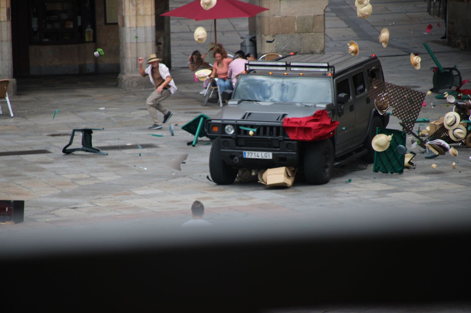 Grabación de una persecución en la Plaza Mayor de Salamanca dentro de una producción de Bollywood