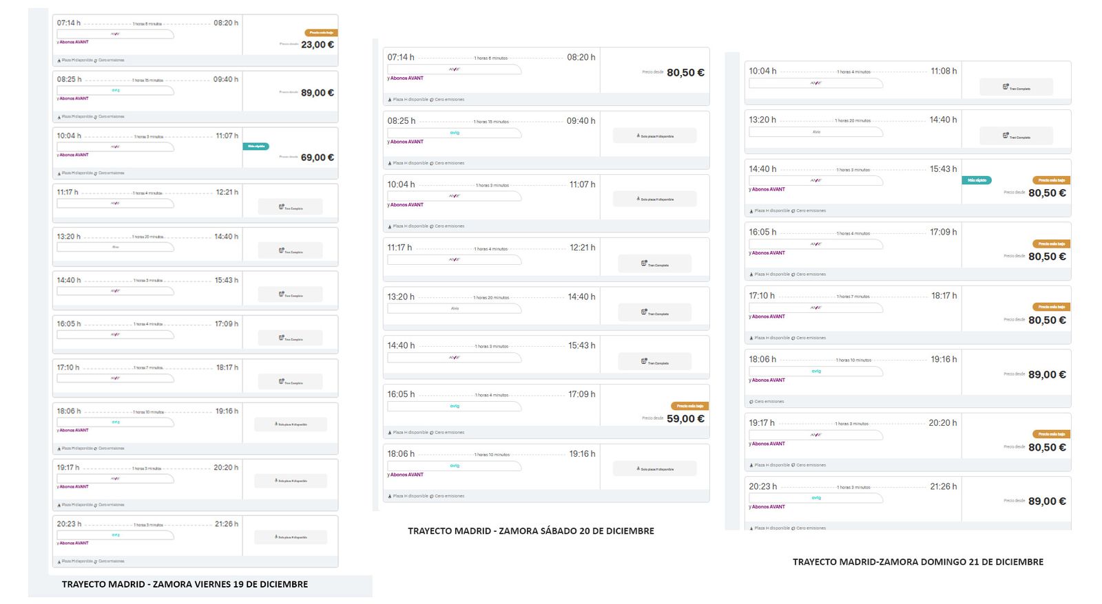 Frecuencias y precios disponibles de tren para los días antes de Navidad