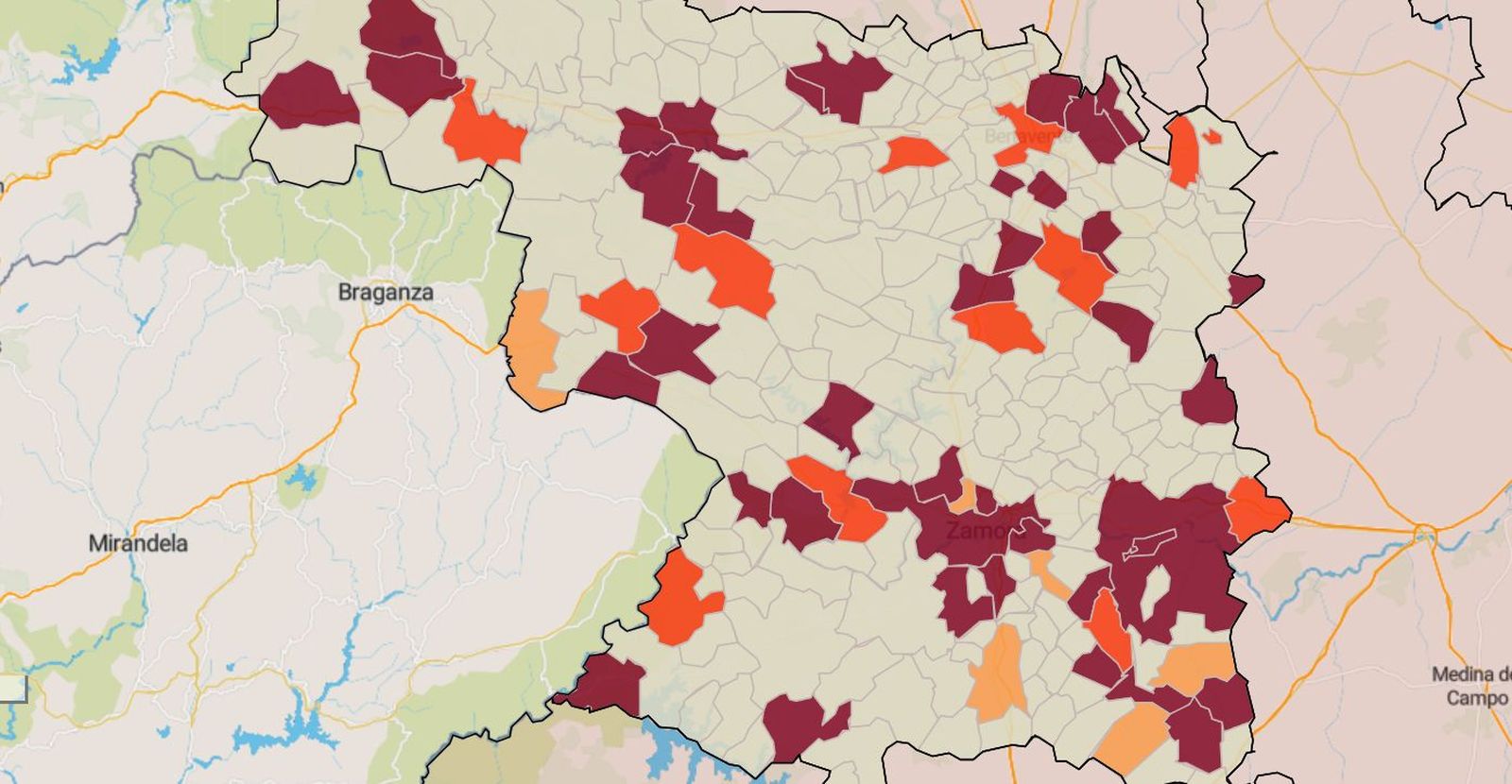 Mapa de la incidencia de coronavirus en los municipios de Zamora este martes