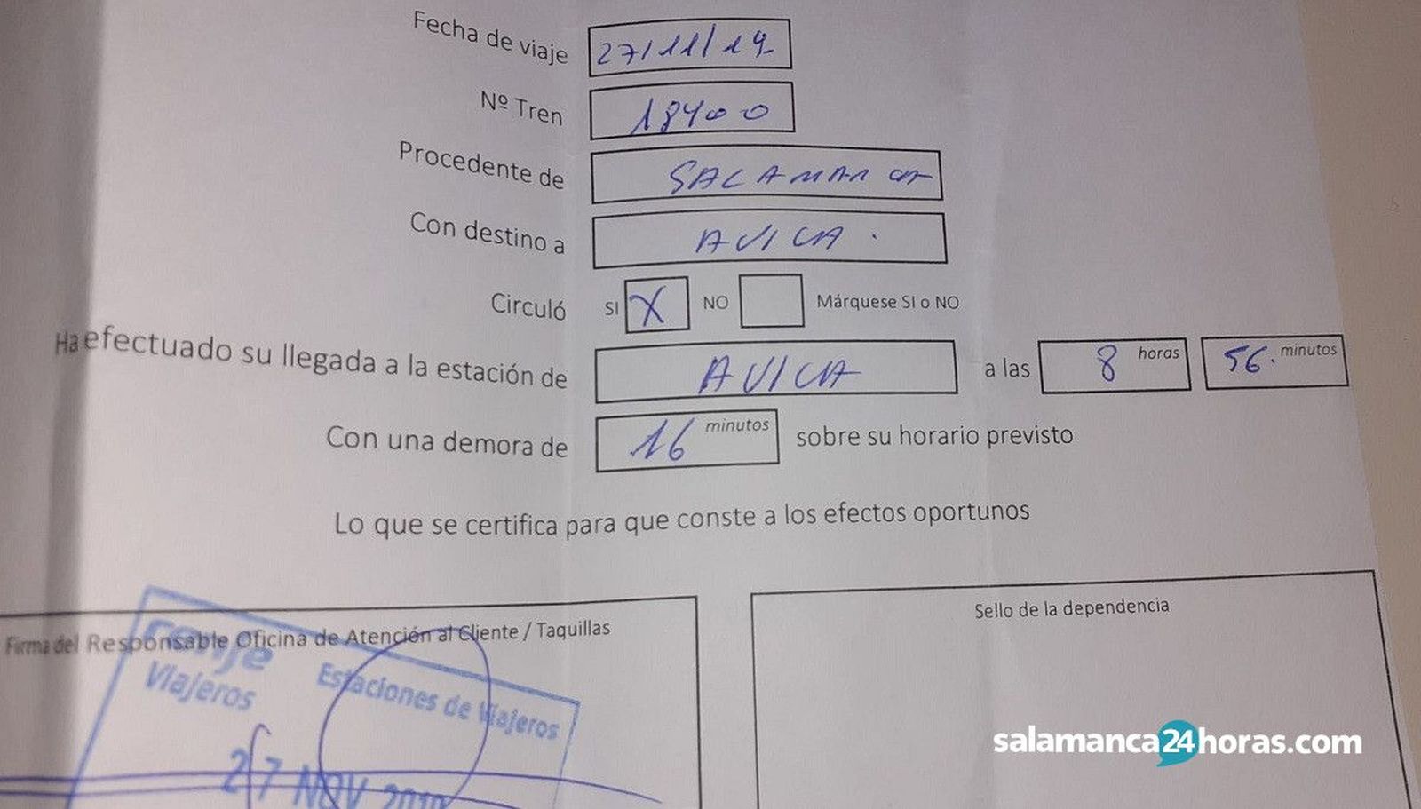 Justificante retraso tren Salamanca   Ávila