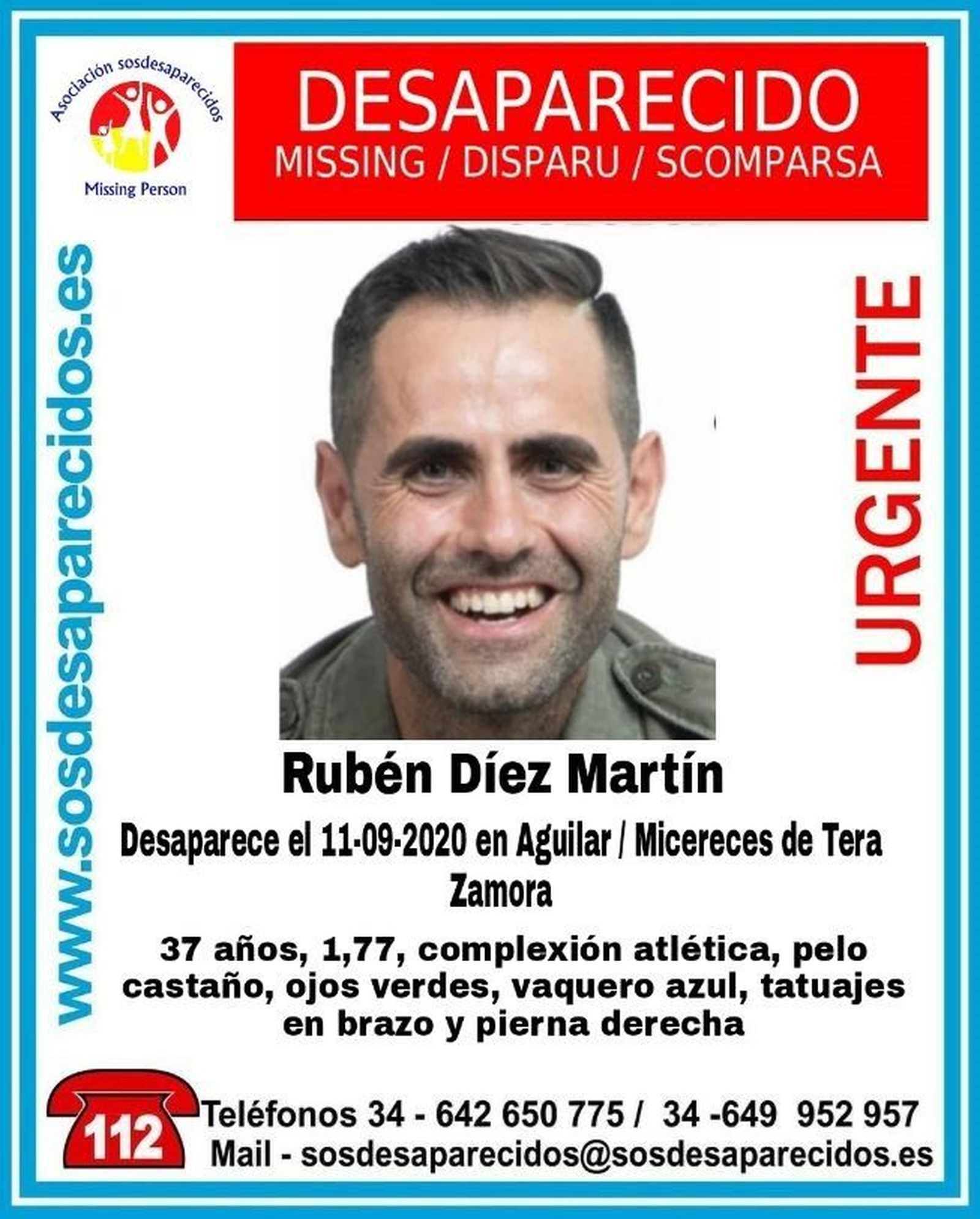 Cartel de búsqueda de un varón de 37 años en Aguilar de Tera (Zamora).