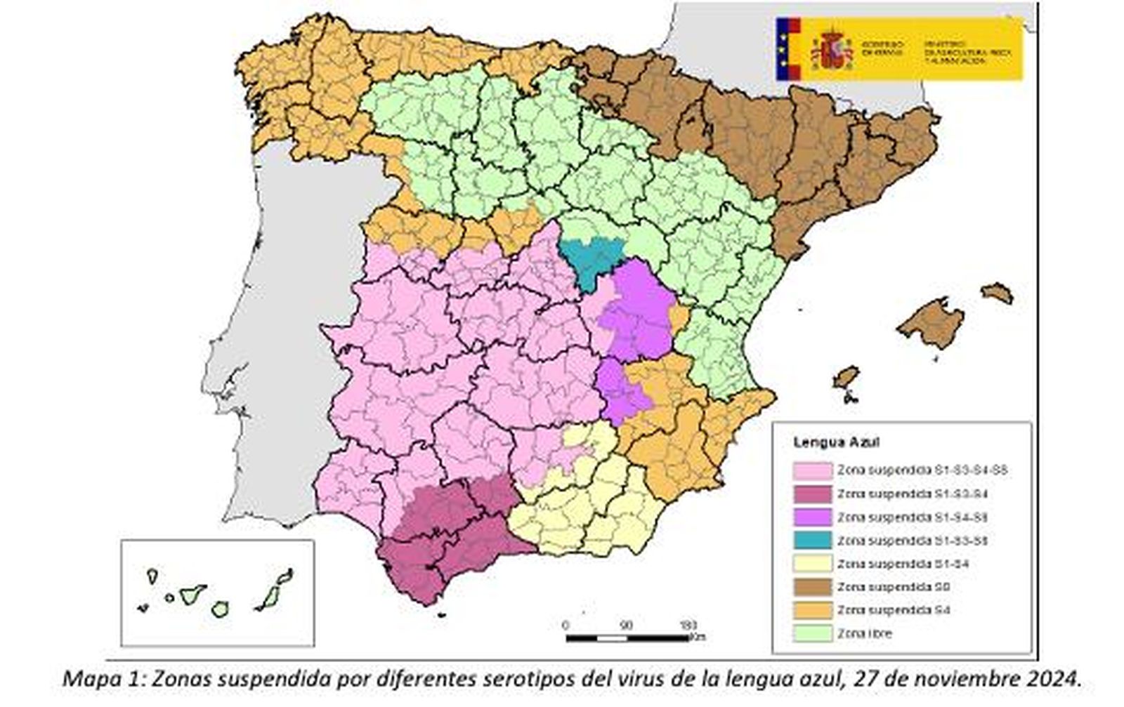 Zonas suspendida por diferentes serotipos del virus de la lengua azul, 27 de noviembre 2024
