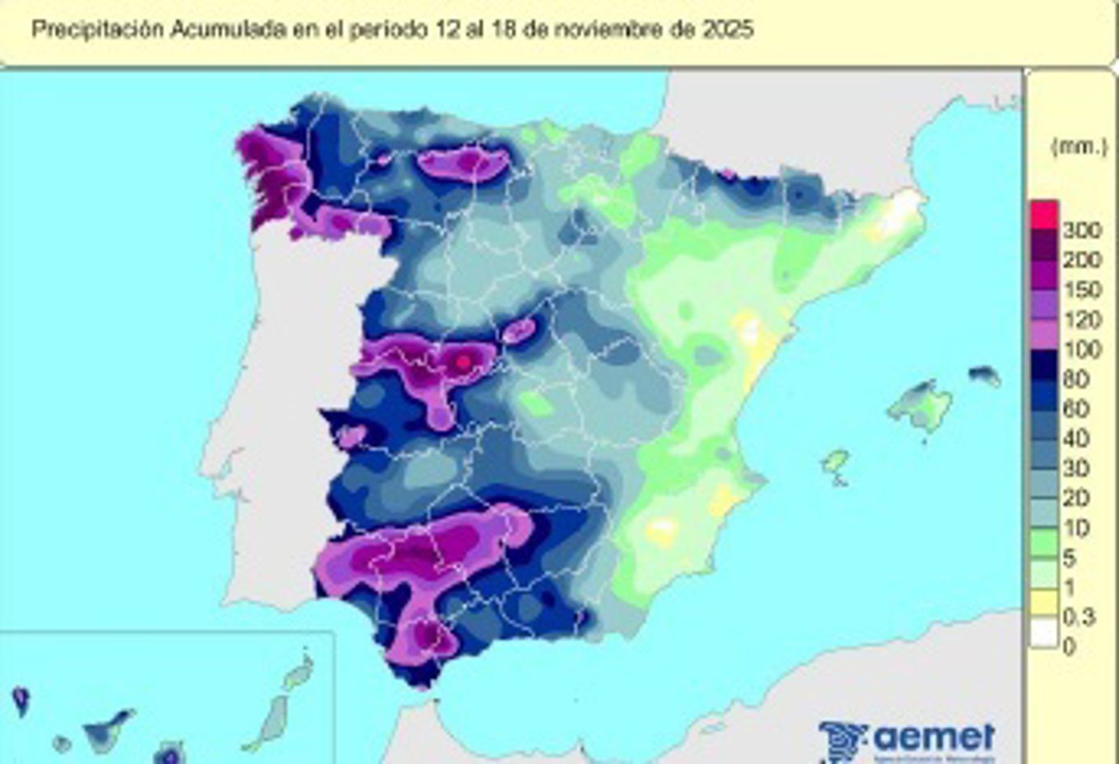 España registra 122 l/m2 de lluvias acumuladas hasta el 18 de noviembre, valor normal para este periodo. - AEMET