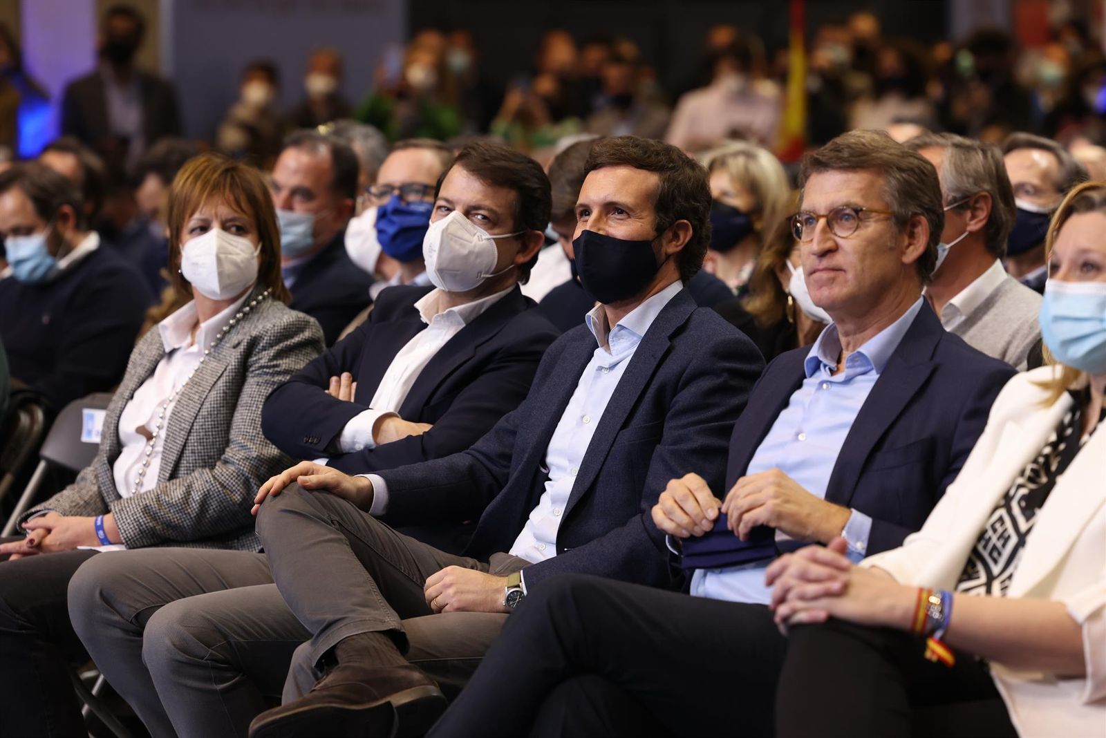 El candidato del PP a la presidencia de CyL, Alfonso Fernández Mañueco; el presidente del PP, Pablo Casado y el presidente de la Xunta, Alberto Núñez Feijoo