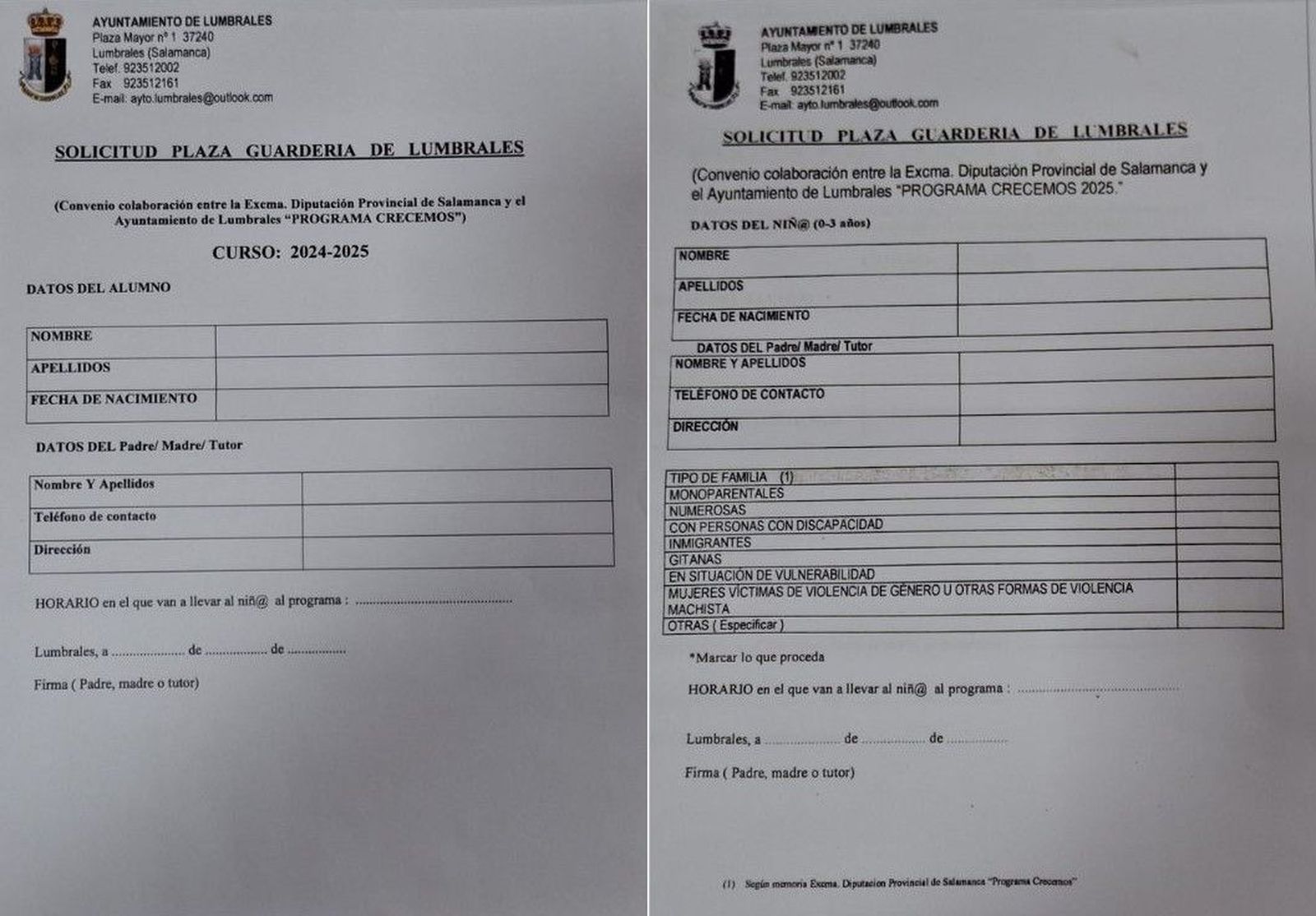Modelo de solicitud original (dcha) y nuevo (izda) para la guardería de Lumbrales