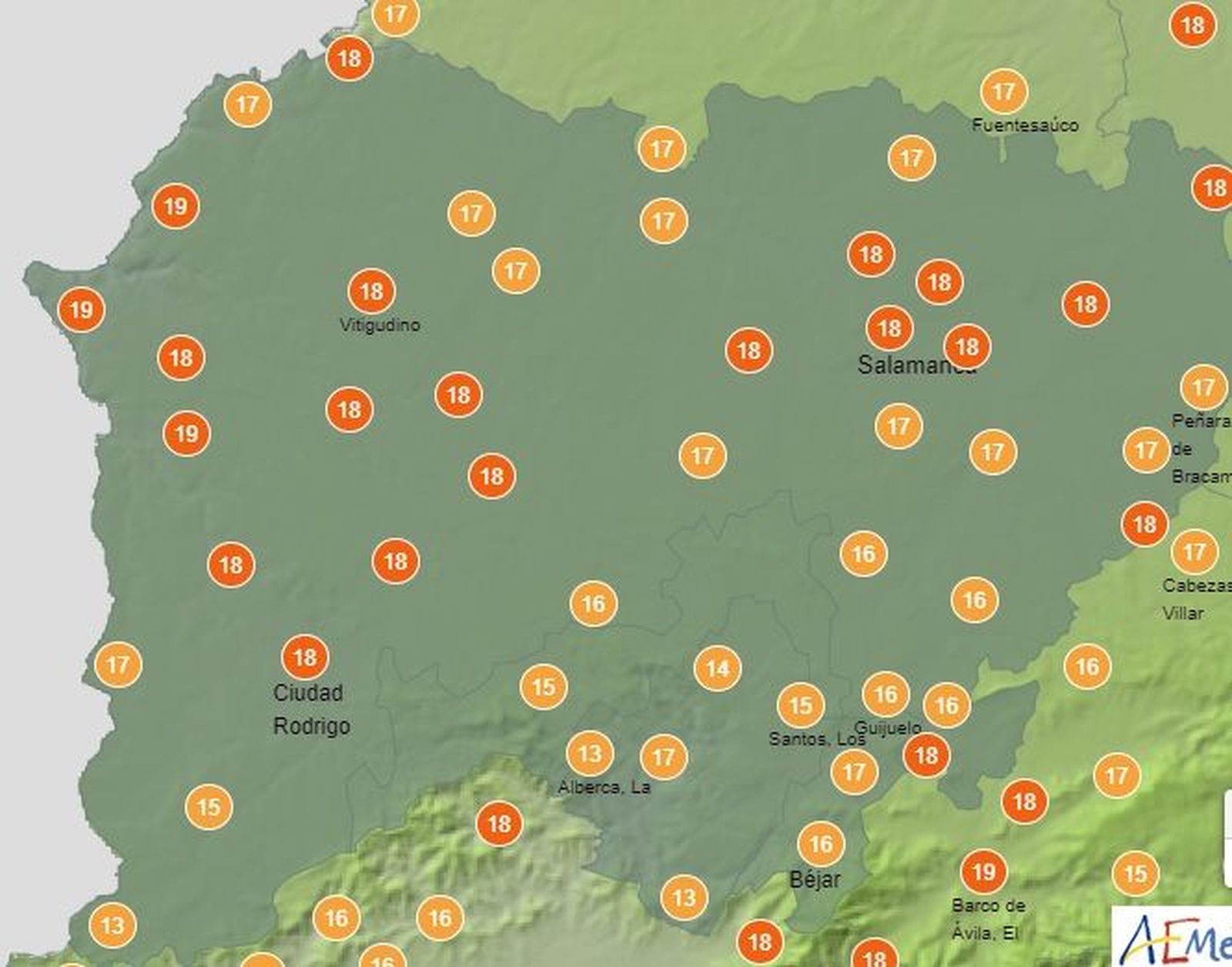 Temperaturas jueves 28 salamanca (AEMET)