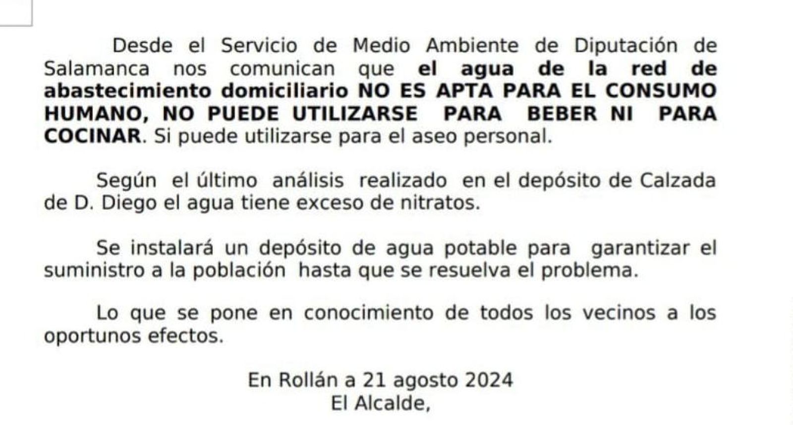 Rollán alerta de que el agua del municipio no es potable