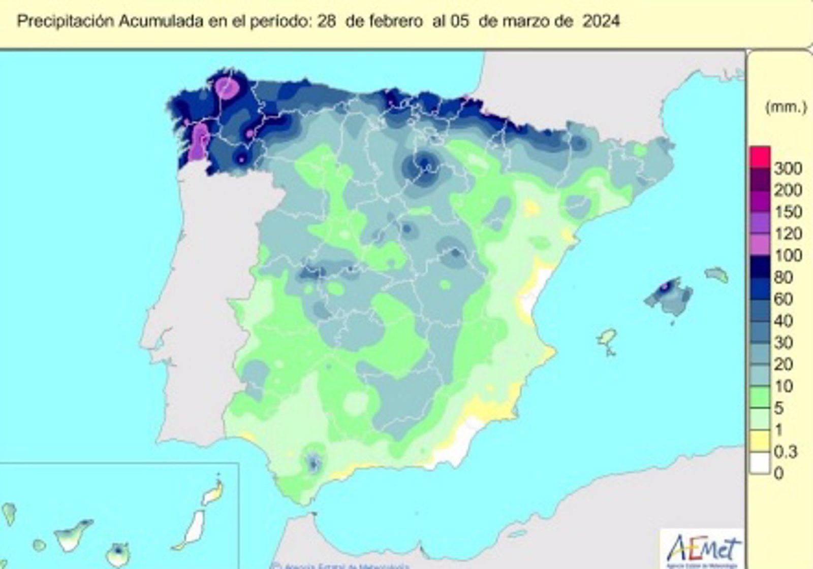 Las precipitaciones acumuladas en España desde el inicio del año hidrológico, el pasado 1 de octubre de 2023, hasta el 5 de marzo de 2024 se encuentran un 3% por encima de su valor normal   AEMET