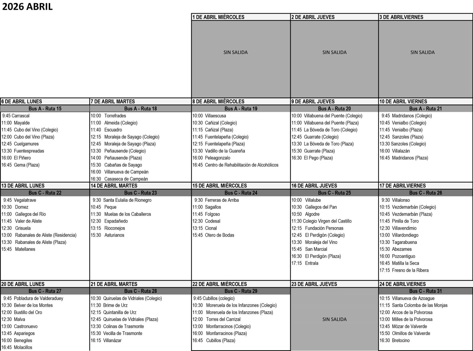 Rutas del bibliobús en abril