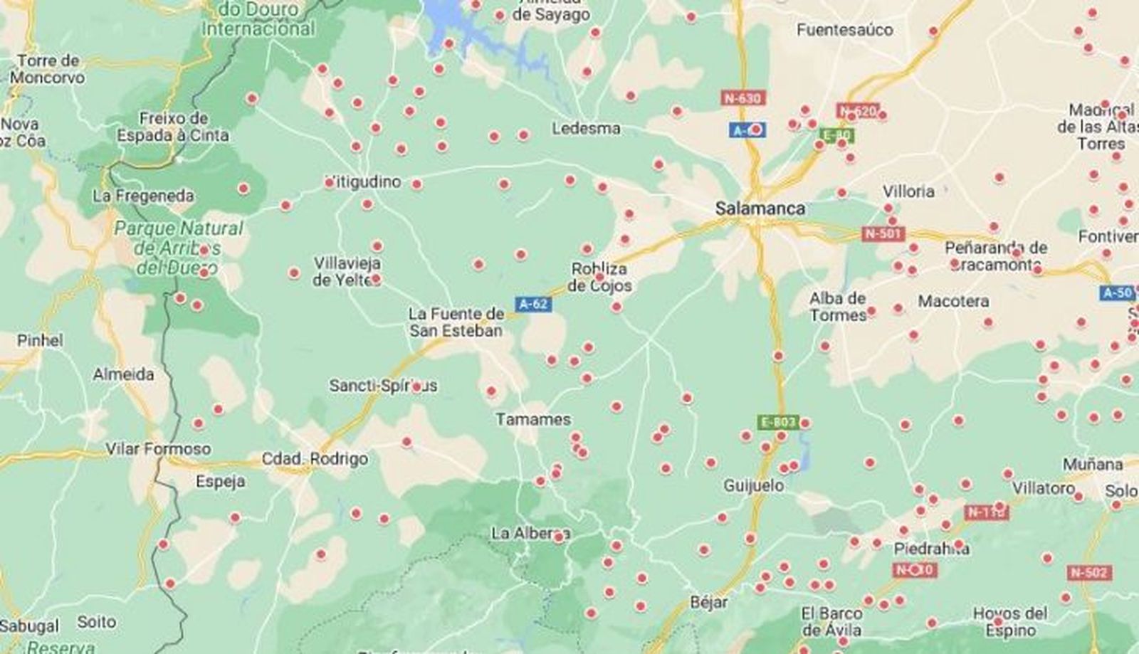 Mapa pueblos sin bares en Salamanca. Asociación Estatal de Directoras y Gerentes de Servicios Sociales