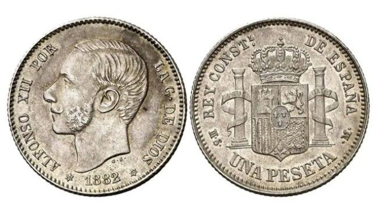 Moneda de peseta especial con la imagen del rey Alfonso XII | Foto de Subastas Numismáticas