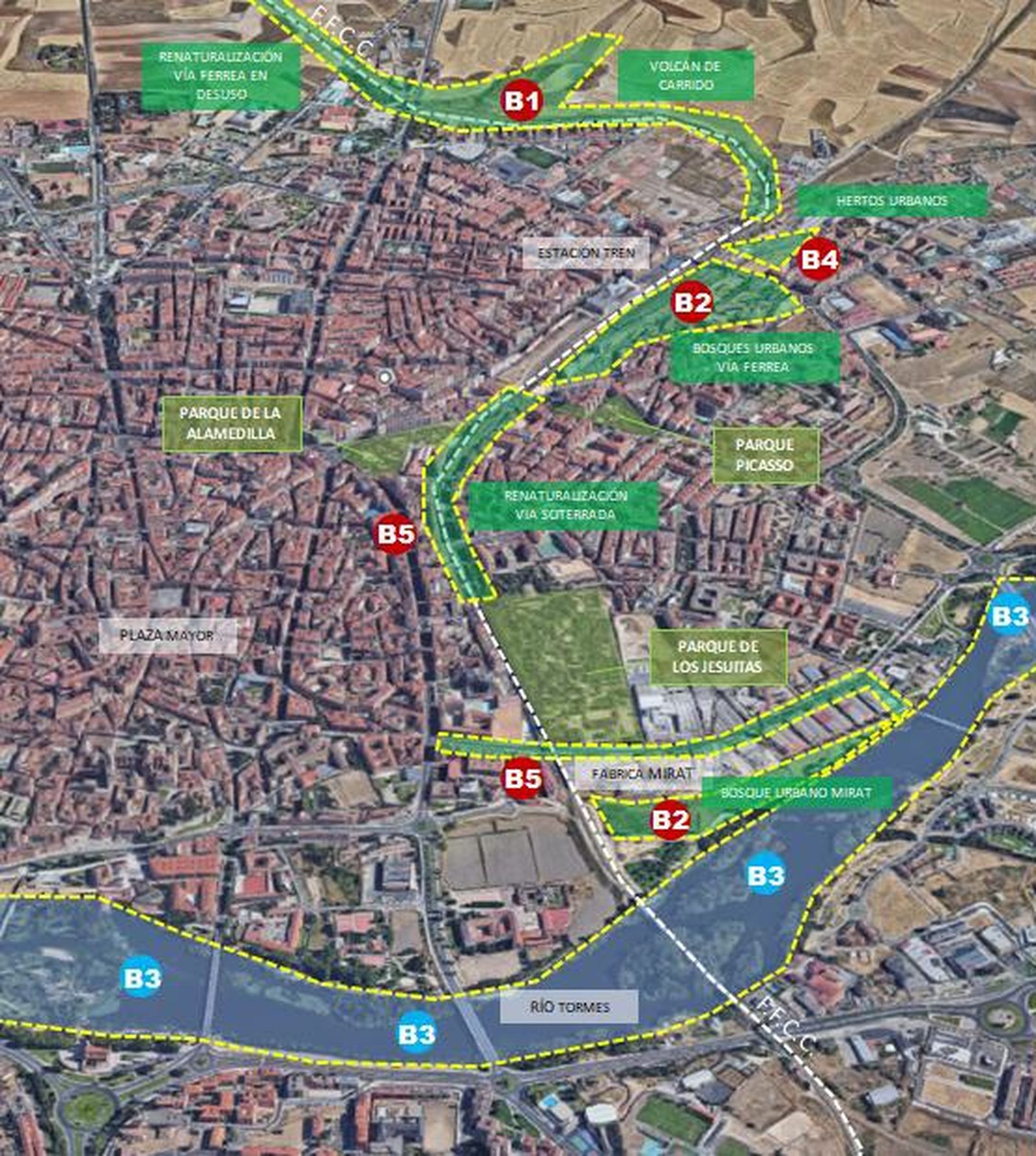 Plano de actuaciones del proyecto Raíles Verdes