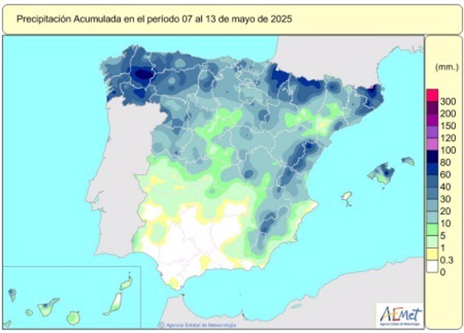 Las lluvias acumuladas en este año hidrológico ascienden a 588 lm2, un 20% más que el valor normal.   AEMET