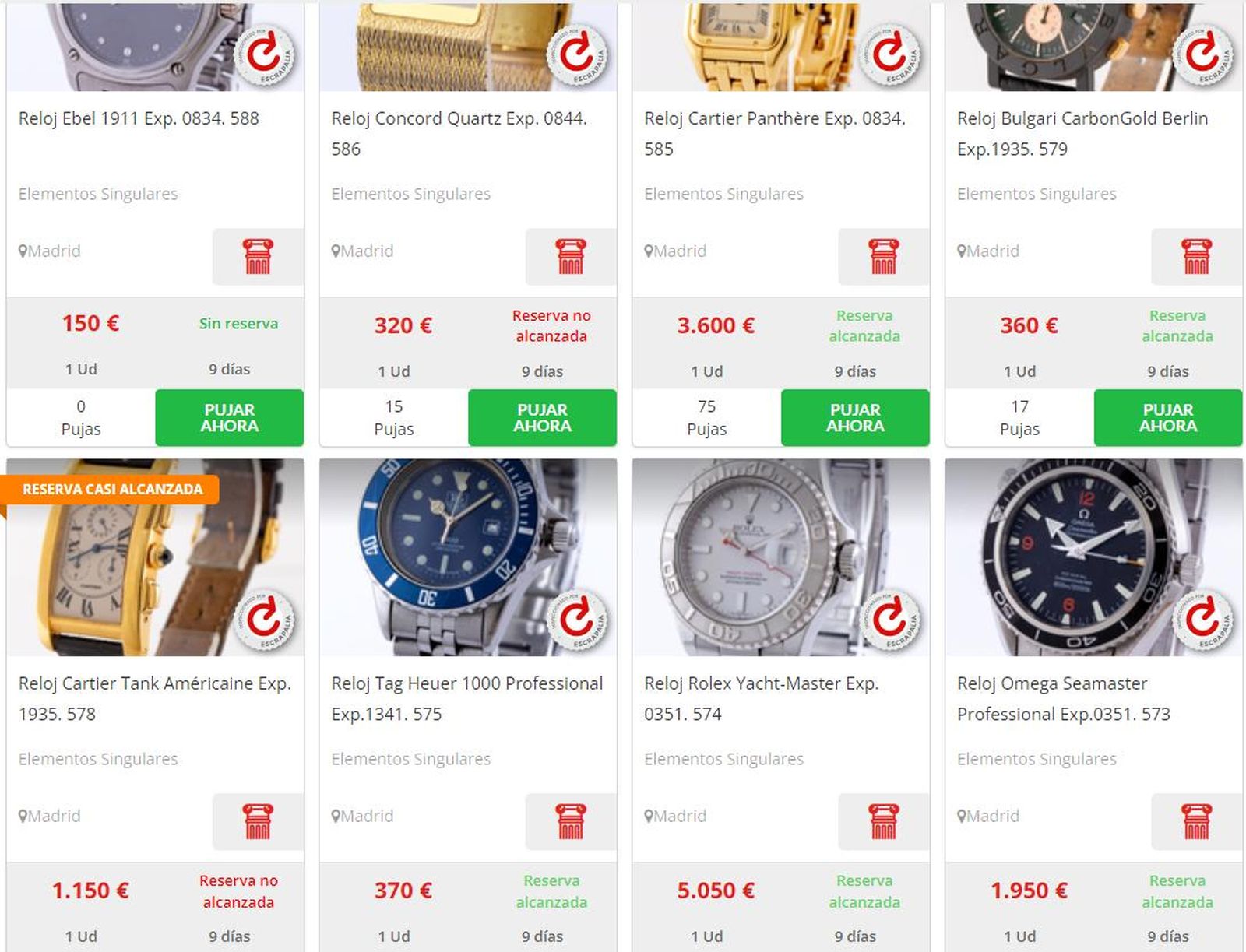 Página web de la subasta