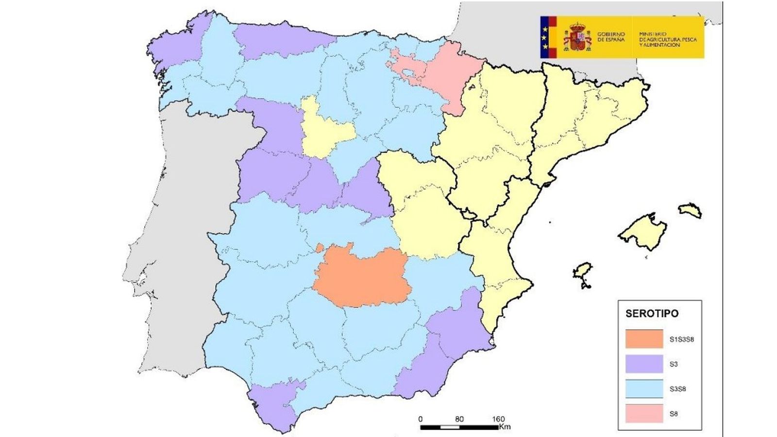 Mapa con focos de lengua azul en España a fecha de 9 de septiembre de 2025