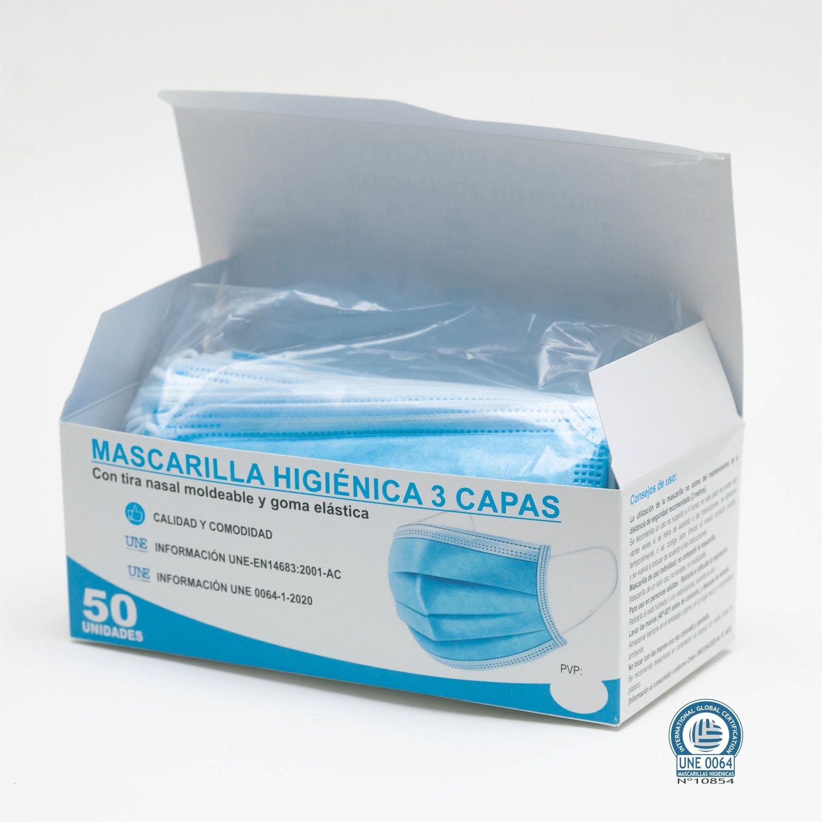 Imagen de un pack de mascarillas higiénicas de tres capas.