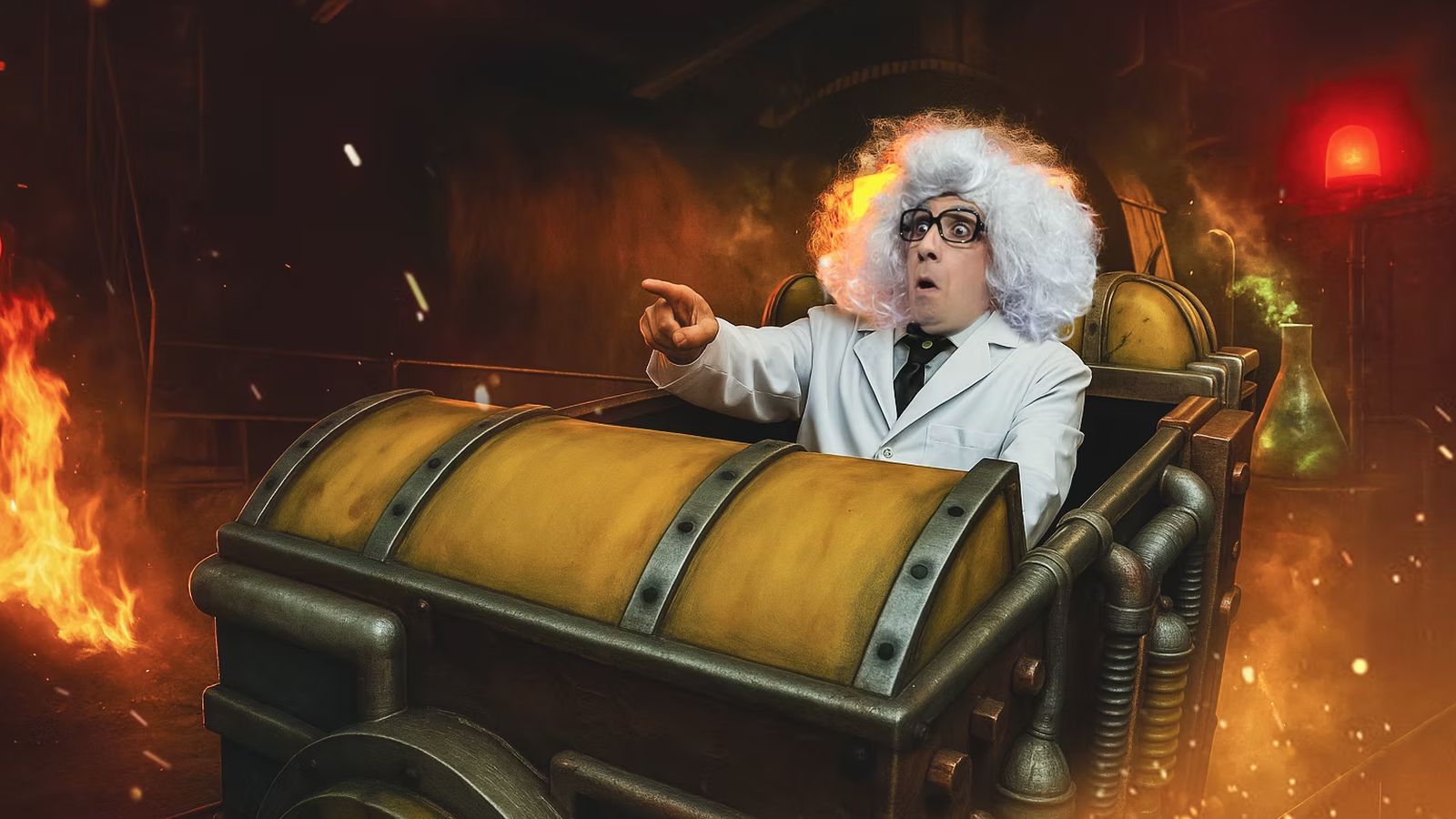 Inventor de Stellar Circus en su máquina del tiempo