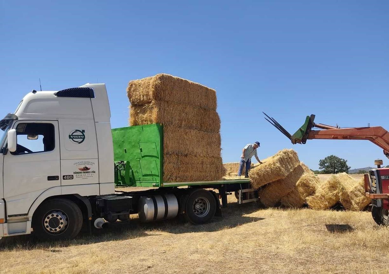Un tractor carga paja en un camión para su traslado a las zonas afectadas por los incendios de la Sierra de la Culebra. Archivo