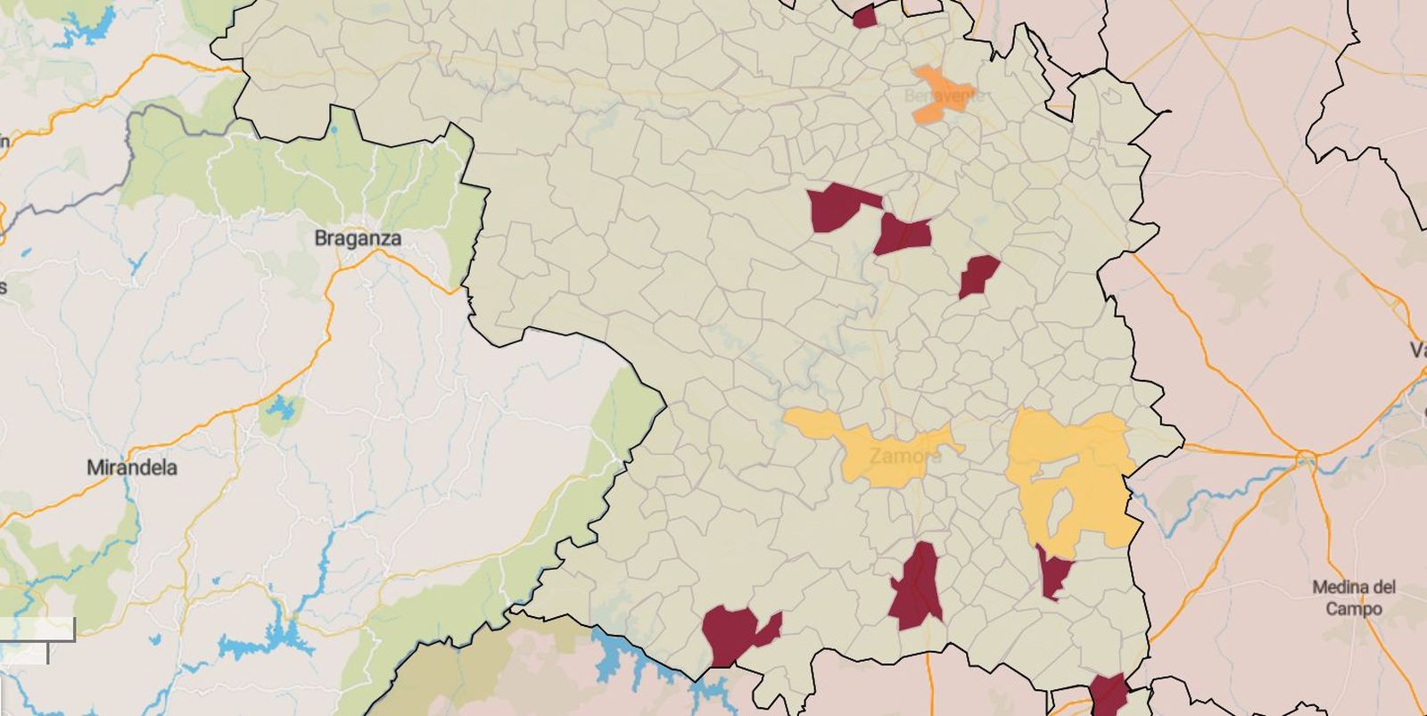 Mapa de la incidencia en los municipios de Zamora este martes
