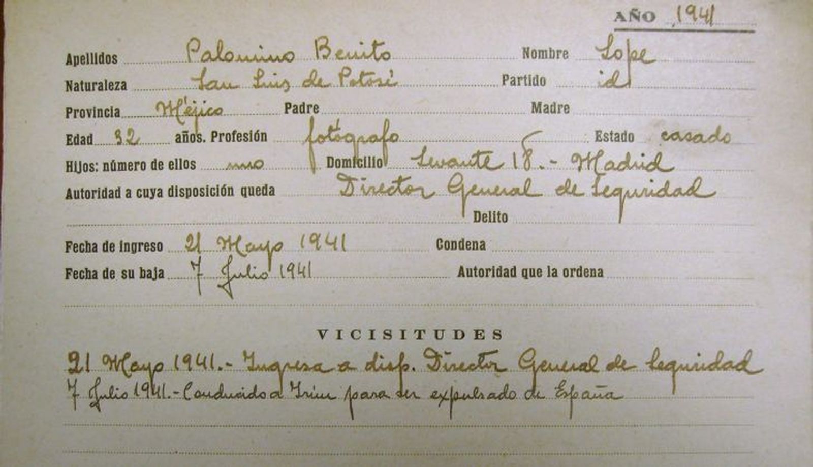 Ficha de prisión de Lope