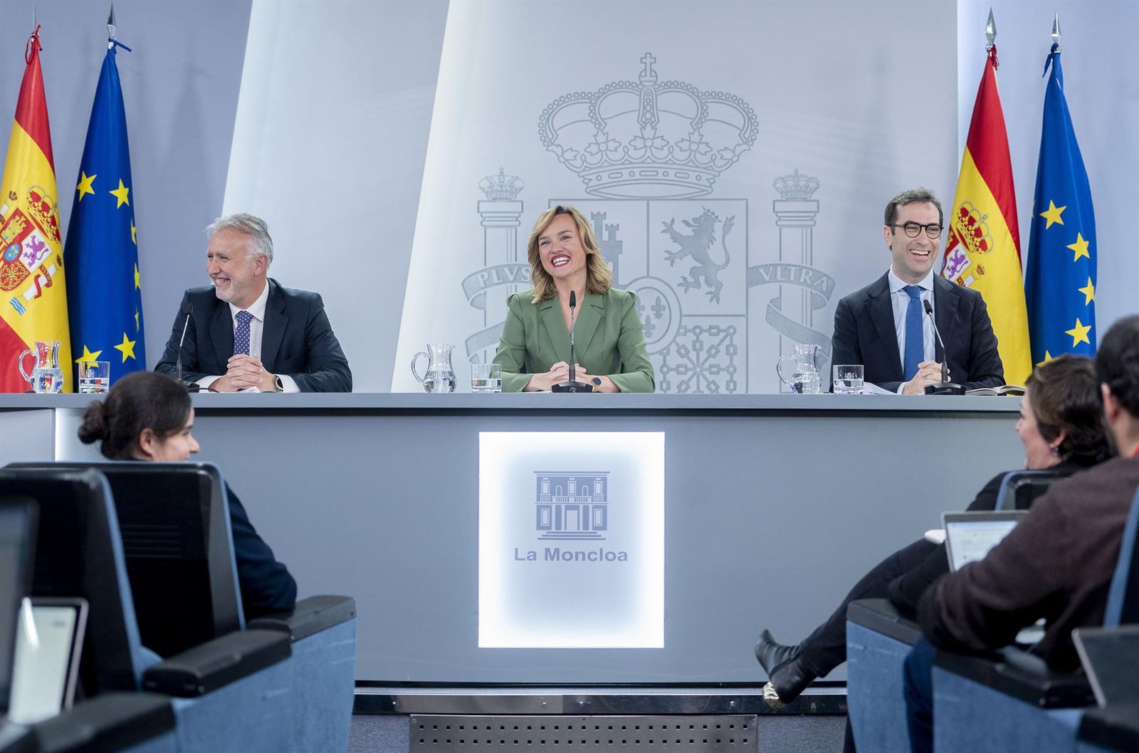 El ministro de Política Territorial y Memoria Democrática, Ángel Víctor Torres; la ministra Portavoz, Pilar Alegría y el ministro de Economía, Comercio y Empresa, Carlos Cuerpo, durante una rueda de prensa posterior al Consejo de Ministros, en el Co - Alberto Ortega - Europa Press