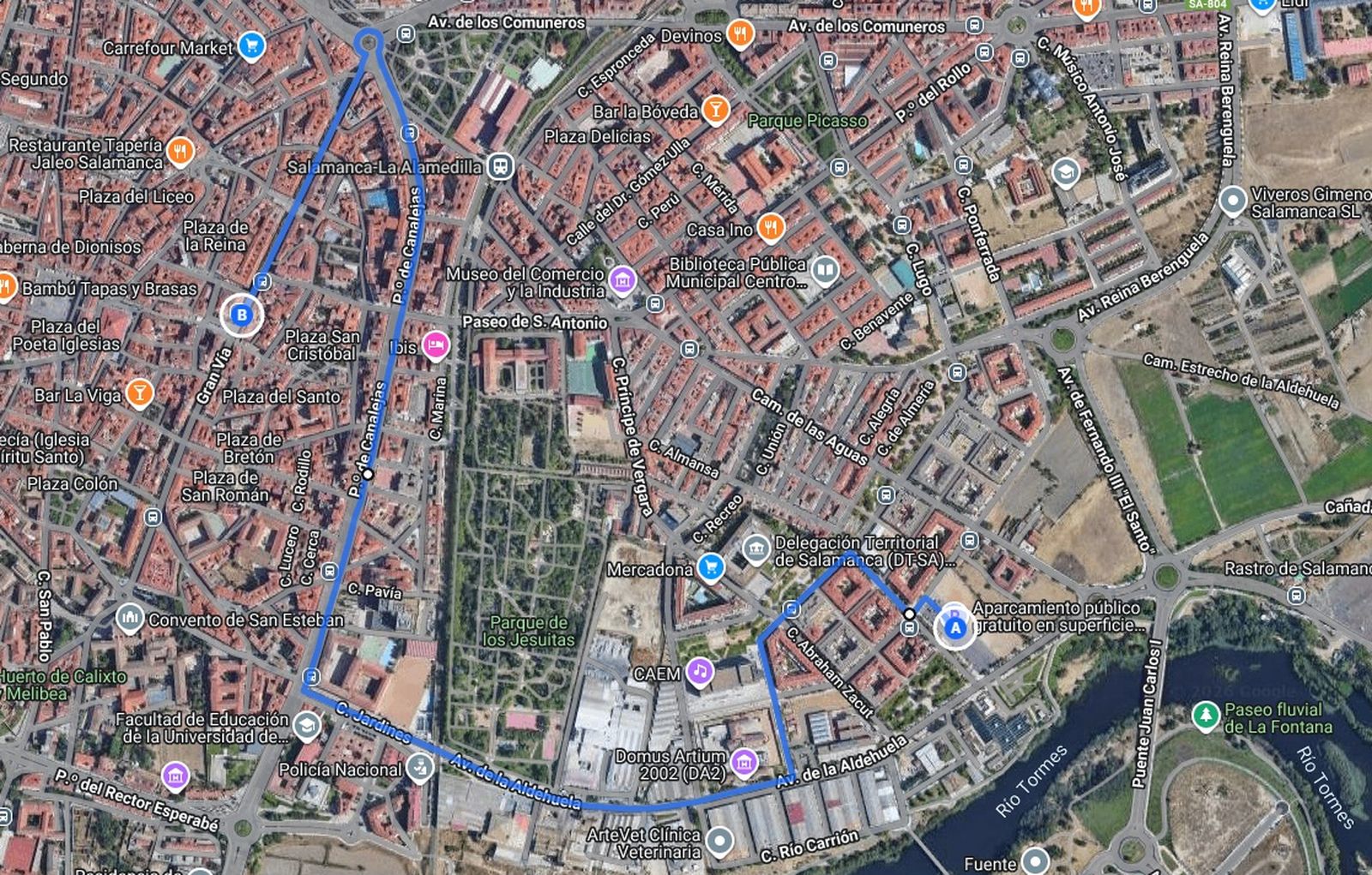 Mapa del recorrido protesta lunes 26 de enero del sector apícola: salida parking 'Las Bernardas' y llegada Gran Vía (Subdelegación del Gobierno)